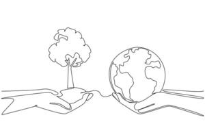 Single continuous line drawing two pairs of hands, each holding a plant and a globe. Green environment. Environmental care. Re-greening the earth. Free pollution. One line design illustration vector