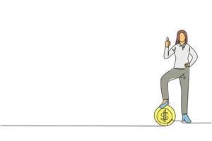 Single one line drawing businesswoman stands in a thumbs up pose and steps on a large coin with a dollar symbol. Excitement. Got a little extra capital. Continuous line design graphic illustration vector