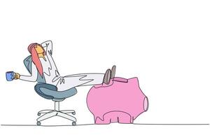 Single continuous line drawing Arab businessman sitting relaxed in work chair holding mug. Foot resting on piggy bank. Relax with the enormity of assets collected. One line design illustration vector
