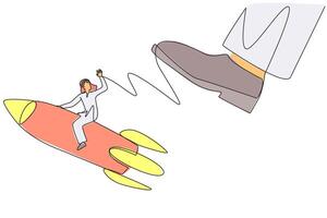 Single one line drawing Arab businessman riding rocket flies away from the giant foot. Continue to open new business branches despite the large disruption. Continuous line design graphic illustration vector