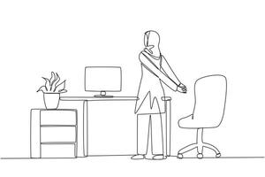 Single continuous line drawing Arabian woman stands with her hands behind her back. Stretching while reviewing the many reports that have been received. Overtime. One line design illustration vector