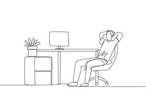 Single one line drawing relaxed man sitting in a work chair with his hands behind his head. Work overtime on weekends. Relax for a moment from busy routine. Continuous line design graphic illustration vector
