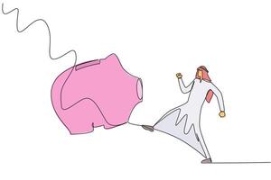 Single one line drawing Arab businessman kicking piggy bank. Emotions reduce intelligence. Wasting quite a large asset. The opportunity to invest is wasted. Continuous line design graphic illustration vector