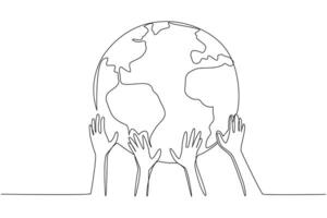 Single continuous line drawing several hands holding the globe from below. A real action to save our beloved planet earth. Keep it green and beautiful. Earth day. One line design illustration vector
