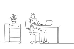Single continuous line drawing woman sitting in work chair typing on a laptop with her head tilted. Neck tense and stiff. Too focused. Need to stretch. Overtime. One line design illustration vector