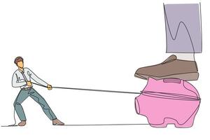 Single one line drawing businessman tries to take piggy bank stepped on by giant foot. Attempting to take ownership of investment. Fight to get decent life. Continuous line design graphic illustration vector