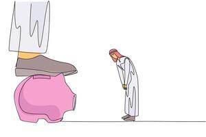 Single continuous line drawing Arabian businessman nodded in front of the giant foot that stepped on the piggy bank. Received orders to make massive investments. One line design illustration vector