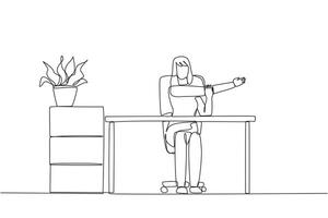 Single continuous line drawing woman sitting in work chair with arms crossed. Stretch to relax hand and finger muscles. Create multiple reports. Hectic. Overtime. One line design illustration vector