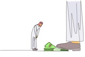 Single one line drawing Arabian businessman nodded in front of giant foot stepping on stack of banknotes. Receive orders to use capital as best as possible. Continuous line design graphic illustration vector