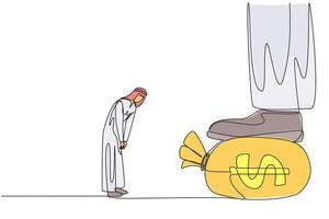 Continuous one line drawing Arabian businessman nodded in front of the giant foot stepping on the money bag. Give orders to make large profits. Obedient. Single line draw design illustration vector