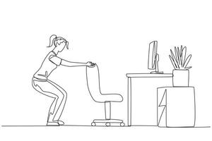 Single continuous line drawing woman stands with a slight bend and both hands hold the top of chair. Practice balance even though still have to work. Overtime. One line design illustration vector