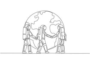 Single continuous line drawing group of astronauts standing arm in arm around globe. The mission to plant as many trees as possible has been completed. Celebration. One line design illustration vector