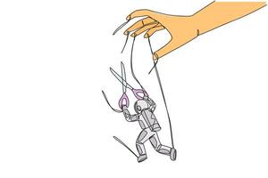 Continuous one line drawing astronaut walking moved by ropes controlled by giant hand. Untie with scissors. Must land on lunar surface. Expedition. Puppet. Single line draw design illustration vector