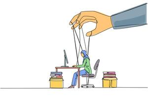 Single continuous line drawing Arab businesswoman typing on laptop, hand moved by ropes. The situation is out of control. Not as expected. Someone is in control. One line design illustration vector