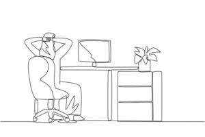 Continuous one line drawing Arab man sitting in chair with hands holding back of head. Off cam. Stretch the neck during online meetings. Listen seriously. Single line draw design illustration vector