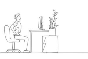 Continuous one line drawing man sitting in a work chair with hands holding his waist. Stretch body and mind. Work overtime on weekends. Relax for a moment. Single line draw design illustration vector