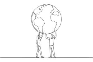 Single continuous line drawing a man and a woman hold up a globe together with both hands. Teamwork to make the earth more habitable. Reforestation. Earth day. One line design illustration vector