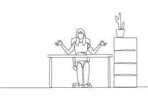 Continuous one line drawing woman sitting in work chair with her fingers rounded. Like doing yoga movements. Looking for peace of mind. Overtime on weekend. Single line draw design illustration vector