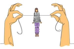 Single continuous line drawing businesswoman standing and tied by a rope held by 2 giant hands. Can't move anywhere. Trapped in debt. Fraudulent investment. Failed. One line design illustration vector