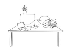 Single one line drawing Arabian woman fell asleep on the table with a pillow from a pile of papers. Overnight at the office. Completed many deadlines. Continuous line design graphic illustration vector