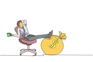 Continuous one line drawing businessman sitting relaxed in a work chair while holding a mug. Foot resting on money bag. Enjoy the results of hard work. Single line draw design illustration vector