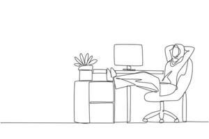 Continuous one line drawing Arab woman sits in work chair with her hands behind head and legs raised on work desk. Relax for a moment. Improves better mood. Single line draw design illustration vector