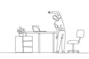 Single one line drawing man stands while raising one hand and tilting body. Light exercise while at the office. Helps mind to focus. Overtime on weekends. Continuous line design graphic illustration vector