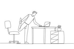Single one line drawing man standing with one leg raised and his hand typing on a laptop. Make a presentation during an online meeting while stretching. Continuous line design graphic illustration vector