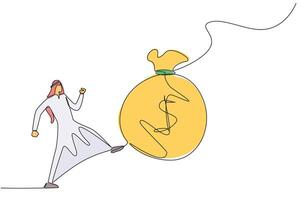 Continuous one line drawing angry Arabian businessman kicking the money bag. Not appreciating what has been achieved. Wasteful. Wasting a lot of capital. Single line draw design illustration vector
