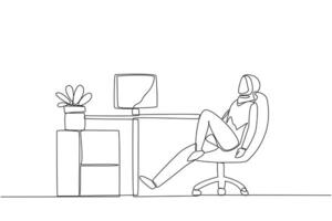 Single one line drawing Arab woman sits in work chair with one of legs raised and folded. Relax after focusing on work. A short break from routine. Hectic. Continuous line design graphic illustration vector