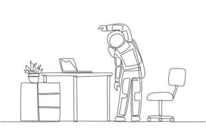 Single one line drawing astronaut stands while raising one hand and tilting body. Stretching. It is very ready to carry out a space expedition. Cosmonaut. Continuous line design graphic illustration vector