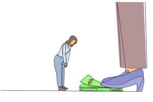 Single one line drawing businesswoman nodded in front of giant foot stepping on wad of banknotes. Failed to get bonus. Didn't reach the target. Regret. Continuous line design graphic illustration vector