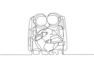 One continuous line drawing of two people hugging the earth vector
