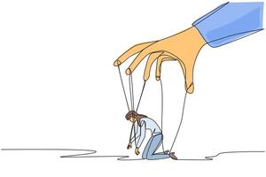 Single one line drawing businesswoman kneel, whole body bound by ropes controlled by giant hands. Captive. Hostage. Helpless. Losing business. Puppet. Continuous line design graphic illustration vector