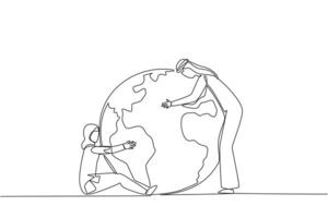 Single continuous line drawing Arab man and Arab woman hugging the globe in their own style. Protect the earth. Love the earth. Environmental care. For better air. One line design illustration vector