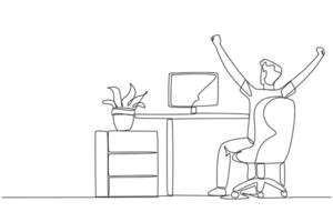 Continuous one line drawing the man sit on chair opening and raising his hands. Seen from behind. Monitoring the work progress. Stretch while overtime. Single line draw design illustration vector
