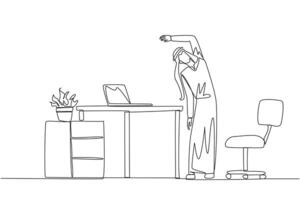 Single one line drawing Arabian man stands while raising one hand and tilting body. Stretch and do light exercise before work. More focus. Relax. Overtime. Continuous line design graphic illustration vector