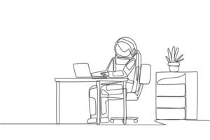Continuous one line drawing astronaut sitting in work chair typing on a laptop with head tilted. Stretching. Eliminates stiffness in the neck. Too serious. Single line draw design illustration vector