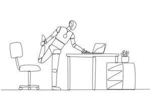 Single continuous line drawing robot standing with one leg raised and his hand typing on a laptop. Multitasking robots. Work while stretching. Future technology AI. One line design illustration vector