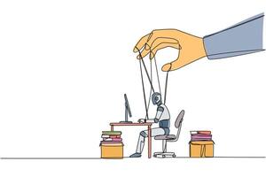 Single continuous line drawing robot typing on a laptop, hand moved by rope controlled by a giant hand. Controlling everything. Enslave robots. Future tech concept. One line design illustration vector