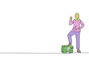 Continuous one line drawing Arab businesswoman stands with thumbs up pose and steps on stack of banknotes. Thanks for good cooperation increasing profits. Single line draw design illustration vector