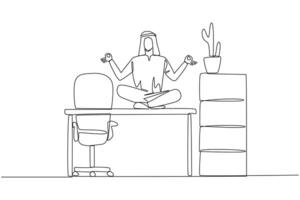 Single one line drawing Arabian man sitting cross-legged on a work desk. Requires calm in thinking. Can't be careless. Relaxing the mind. Stretching body. Continuous line design graphic illustration vector