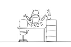 Continuous one line drawing astronaut sitting cross-legged on a work desk. Yoga in the workroom. Meditation for inspiration. Preparing for space expedition. Single line draw design illustration vector