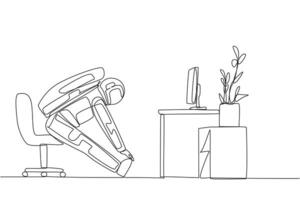 Single continuous line drawing astronaut sitting in work chair with legs straightened. Stretching. Before boarding the spaceship. Getting ready for the expedition. One line design illustration vector