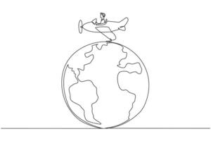 Single one line drawing an airplane driven by a man on a globe. Pollutes healthy air with emitted substances. Harmful to the ozone layer. Environmental. Continuous line design graphic illustration vector