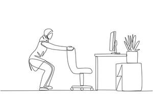 Single continuous line drawing Arab woman stands with a slight bend and both hands hold the top of chair. Stretching. Exercise trains balance and breathing. Focus. One line design illustration vector