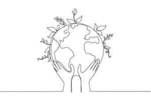 Single one line drawing two hands holding a globe. Care about the earth. Planting plants for healthier air. Environmental care. World environment day. Continuous line design graphic illustration vector