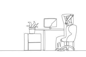 Continuous one line drawing Arab man sitting in a work chair warming up his hands above his head. Avoid being stiff due to making a lot of reports. Hectic. Single line draw design illustration vector