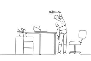 Single one line drawing robot stands while raising one hand and tilting body. A robot that is smart at exercising. Artificial intelligence. Future tech. Continuous line design graphic illustration vector