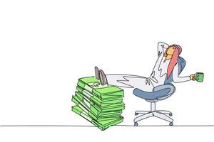 Continuous one line drawing Arab businessman sitting relaxed in a work chair. Foot resting on stacks of banknotes. Dreams of success come true. Marvelous. Single line draw design illustration vector